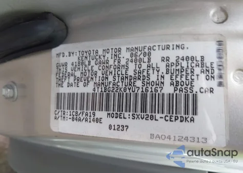 2000 Toyota Camry Ce z USA, uszkodzony, nr VIN 4T1BG22K0YU716167